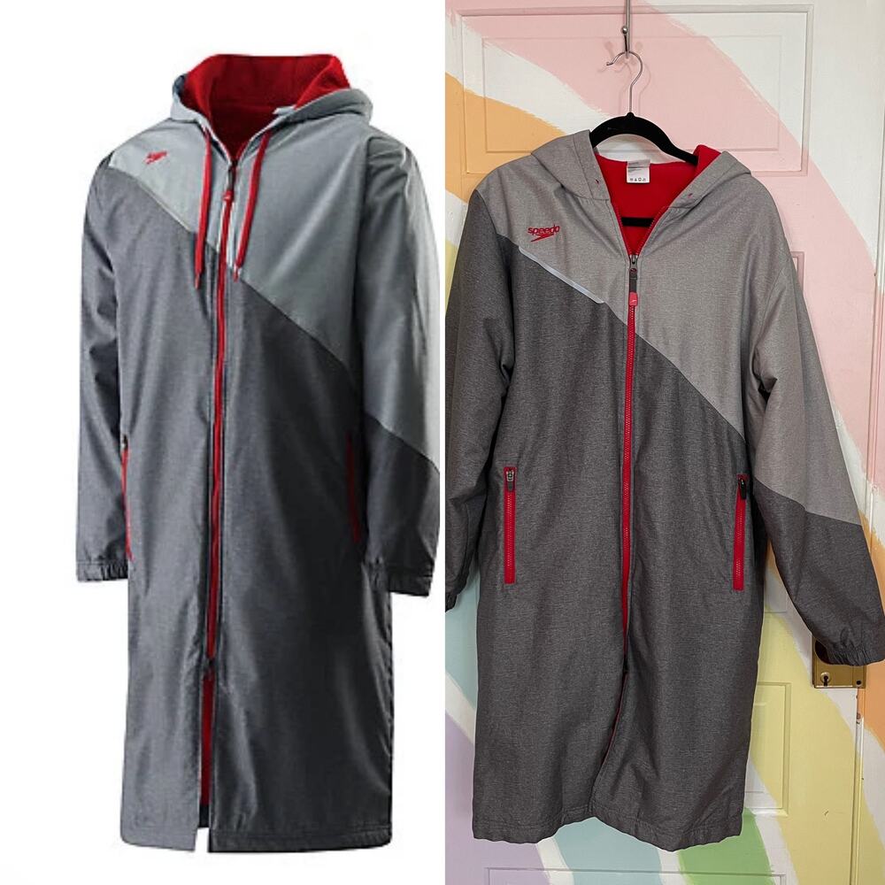 ✨SPEEDO Team Color Block Long Parka Unizex Fleece Lined Swim Coat Sz S